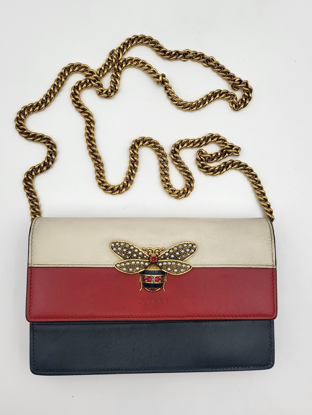 GUCCI Calfskin Queen Margaret Chain Wallet Blue Agata Hibiscus Red Mystic White. - Picture 1 of 16